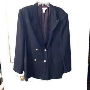 Talbots Women's 20 Navy Blue Double Breasted Wool Blazer Jacket Gold Buttons